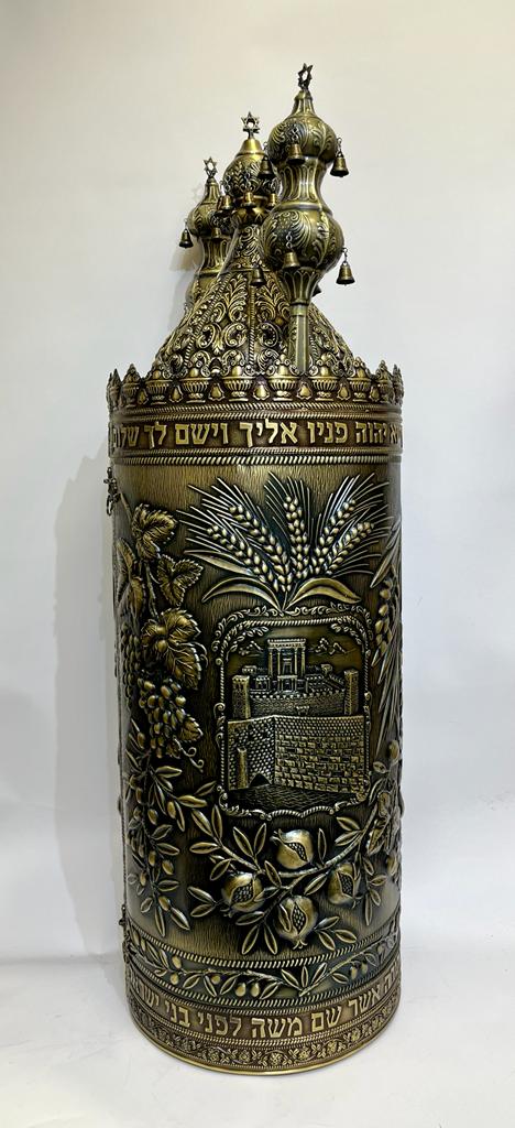 Magnificent Case for Sefer Torah Model Tablets of the Covenant and Holy Temple Inlaid Blackened - Image 4