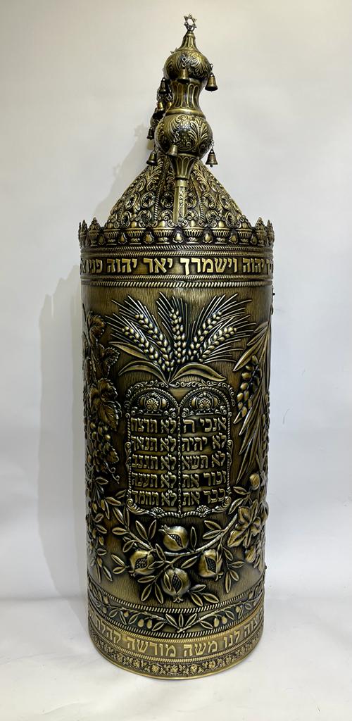 Magnificent Case for Sefer Torah Model Tablets of the Covenant and Holy Temple Inlaid Blackened