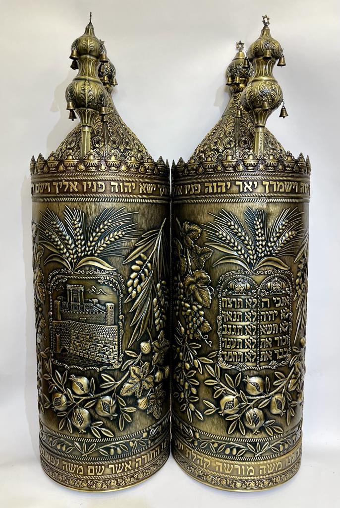 Magnificent Case for Sefer Torah Model Tablets of the Covenant and Holy Temple Inlaid Blackened - Image 2