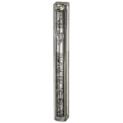 Transparent Plastic Mezuzah 15 cm Silver with Plaque and Rubber Cap