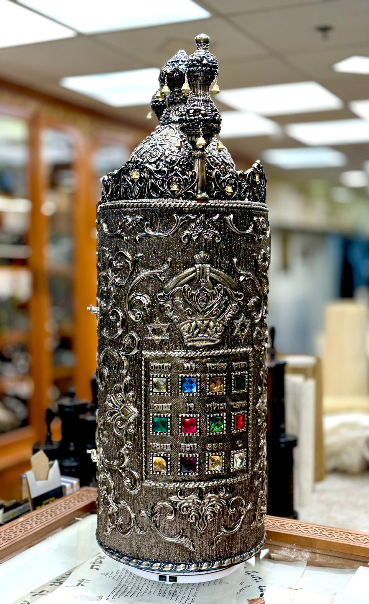 Torah Case Silver-Plated Blackened Choshen Design