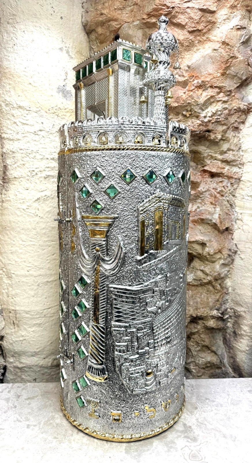 Silver-Plated Torah Case, Beit HaMikdash Design with Stones