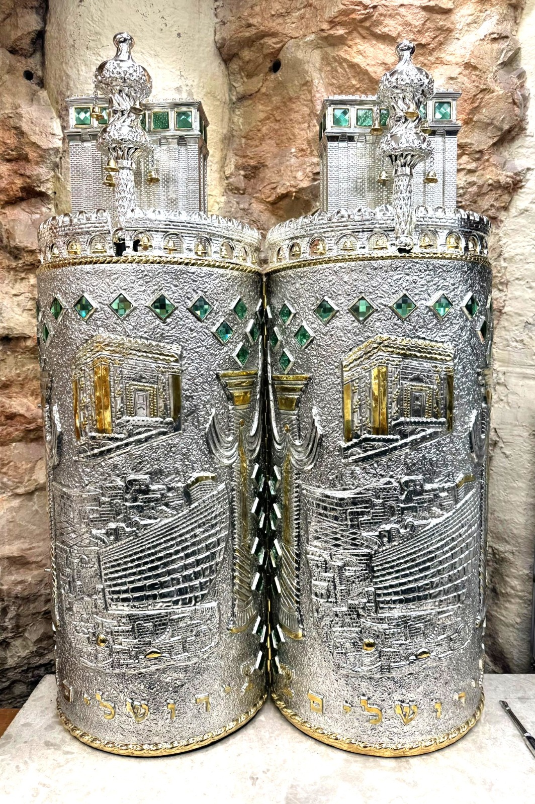 Silver-Plated Torah Case, Beit HaMikdash Design with Stones - Image 4