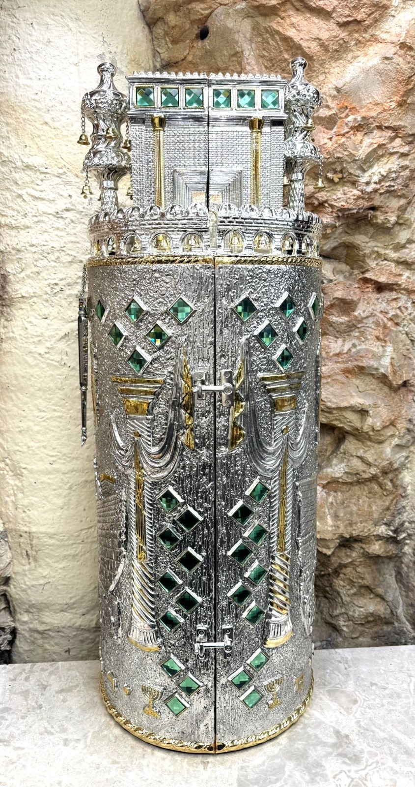 Silver-Plated Torah Case, Beit HaMikdash Design with Stones - Image 3